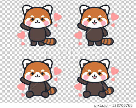 Cute mini red panda illustration set with hearts 128706769