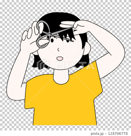 A woman who cuts her bangs herself A woman who cuts her bangs herself 128706778