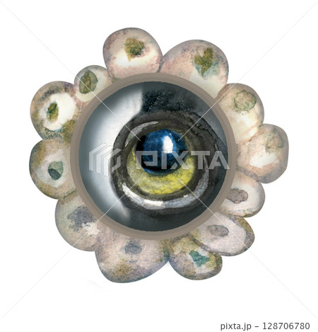 Striped fish eye in a shell ring - a magnifying glass or glasses. Watercolor illustration in soft blue, gray and yellow tones, combining realism and fantasy. Perfect for sea designs, children's books 128706780