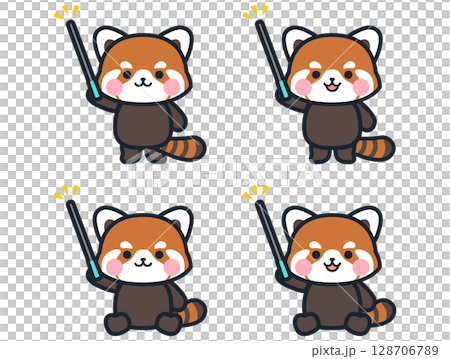 一組可愛的小紅熊貓插圖，手裡拿著一根指點棒 128706789