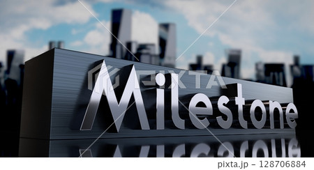 Milestone - metal cuboid and skyscrapers - 3D illustration 128706884