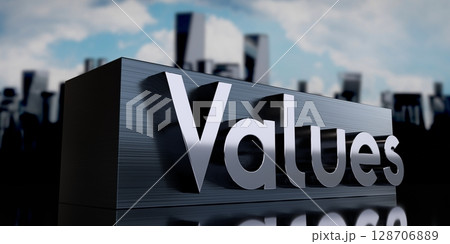 Values - metal cuboid and skyscrapers - 3D illustration 128706889