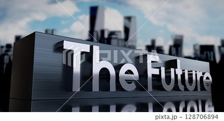 The future - metal cuboid and skyscrapers - 3D illustration 128706894