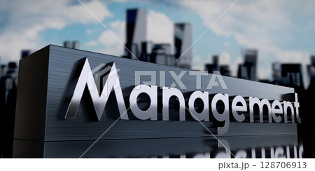 Management - metal cuboid and skyscrapers - 3D illustration Management - metal cuboid and skyscrapers - 3D illustration 128706913