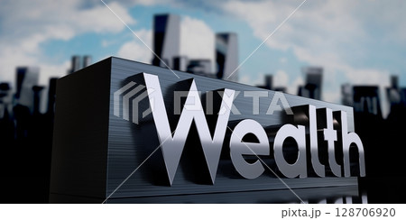 Wealth - metal cuboid and skyscrapers - 3D illustration 128706920