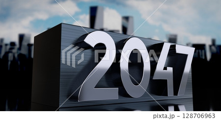 2047 - metal cuboid and skyscrapers - 3D illustration 2047 - metal cuboid and skyscrapers - 3D illustration 128706963