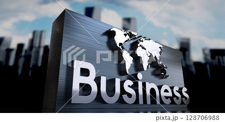Business - metal cuboid, world map and skyscrapers - 3D illustration 128706988