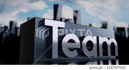 Team - metal cuboid and skyscrapers - 3D illustration 128707002