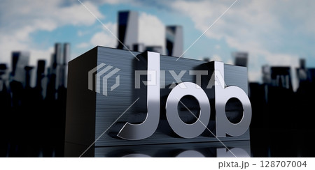 Job - metal cuboid and skyscrapers - 3D illustration 128707004