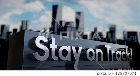 Stay on track - metal cuboid and skyscrapers - 3D illustration 128707071