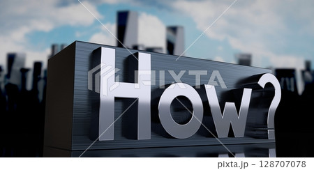 How - metal cuboid and skyscrapers - 3D illustration 128707078