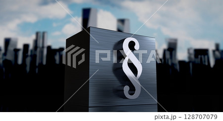Paragraph sign - metal cuboid and skyscrapers - 3D illustration Paragraph sign - metal cuboid and skyscrapers - 3D illustration 128707079
