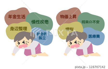 色んな苦難に押しつぶされるシニア女性 色んな苦難に押しつぶされるシニア女性 128707142