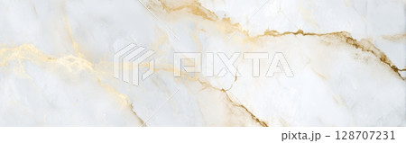 Calacatta Gold marble background with soft golden veining over white stone surface 128707231