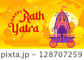 Happy Rath Yatra Celebration. Traditional Festive Chariot on Yellow Background 128707259