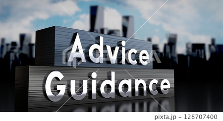 Advice, guidance - metal blocks and skyscrapers - 3D illustration Advice, guidance - metal blocks and skyscrapers - 3D illustration 128707400