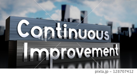 Continuous improvement - metal blocks and skyscrapers - 3D illustration Continuous improvement - metal blocks and skyscrapers - 3D illustration 128707412