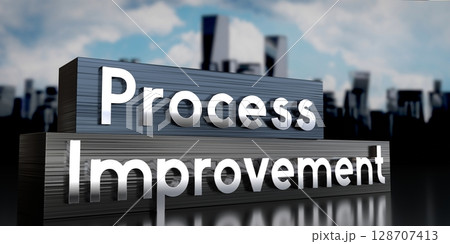 Process improvement - metal blocks and skyscrapers - 3D illustration 128707413