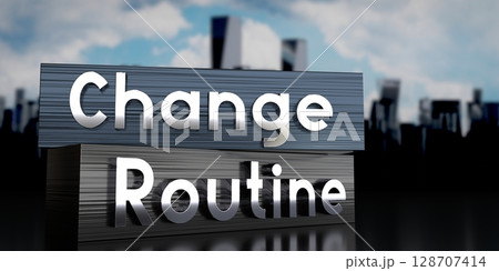 Routine, change - metal blocks and skyscrapers - 3D illustration Routine, change - metal blocks and skyscrapers - 3D illustration 128707414