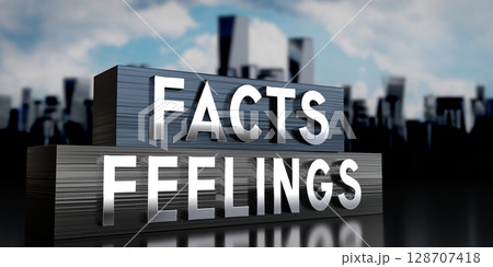 Facts, feelings - metal blocks and skyscrapers - 3D illustration 128707418