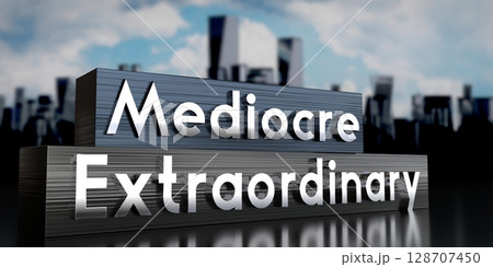 Mediocre, extraordinary - metal blocks and skyscrapers - 3D illustration 128707450