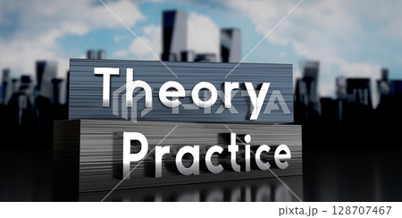 Theory, practice - metal blocks and skyscrapers - 3D illustration Theory, practice - metal blocks and skyscrapers - 3D illustration 128707467