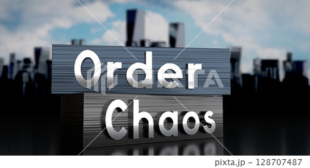 Order, chaos - metal blocks and skyscrapers - 3D illustration 128707487