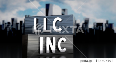 LLC, INC - metal blocks and skyscrapers - 3D illustration LLC, INC - metal blocks and skyscrapers - 3D illustration 128707491