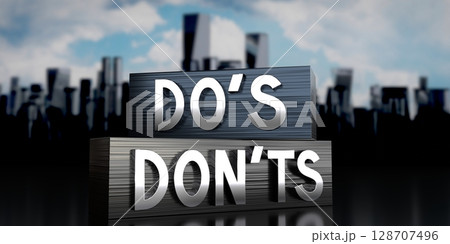 Do's, don'ts - metal blocks and skyscrapers - 3D illustration 128707496