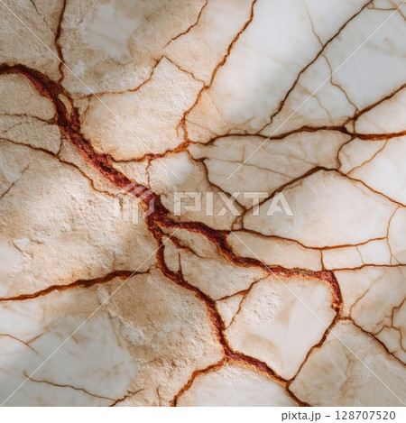 Travertine marble texture with natural beige and red veins in high-resolution close-up 128707520