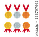 Gold silver and bronze medal icon set with color ribbons 128707662