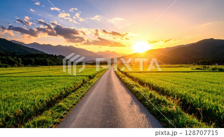 《AI画像》夕暮れの田舎の一本道 《AI画像》夕暮れの田舎の一本道 128707715