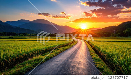 《AI画像》夕暮れの田舎の一本道 128707717
