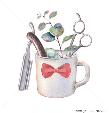 Bow-tie adorned mug, straight razor, scissors, eucalyptus branch. Hand-painted watercolor composition of professional tools isolated on white. Ideal for barbershop, grooming branding, decor, design 128707726