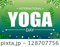 International yoga day banner with green background yoga letters and leaves and flowers 128707756