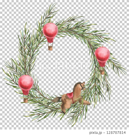 Christmas vintage festive wreath with evergreen spruce branches,vintage red balloon and horse toy illustration. Isolated New year and winter season clipart,symbol of 2026 year for poster, card design Christmas vintage festive wreath with evergreen spruce branches,vintage red balloon and horse toy illustration. Isolated New year and winter season clipart,symbol of 2026 year for poster, card design 128707814