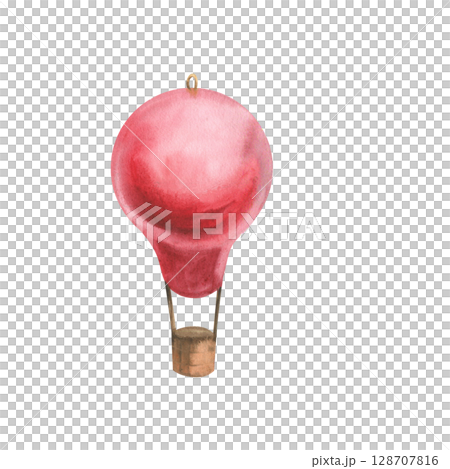 Watercolor red balloon illustration. Christmas decorative toy, vintage ball for Christmas tree decor, isolated clipart for New year card, poster, wallpaper design 128707816