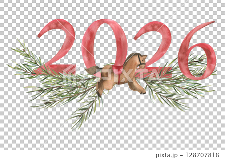 Christmas and New year watercolor banner with red 2026 numbers, vintage horse toy and spruce branches illustration. Isolated festive winter season template for card,poster, packing design 128707818