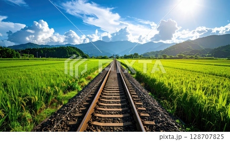《AI画像》田舎に走る一本の真っ直ぐな線路 128707825