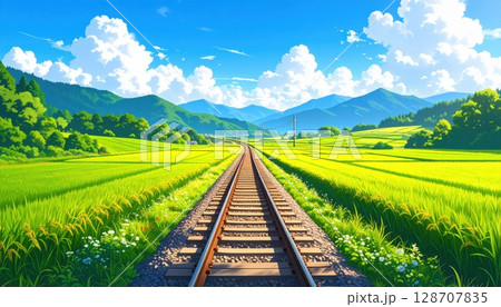 《AI画像》田舎に走る一本の真っ直ぐな線路 128707835