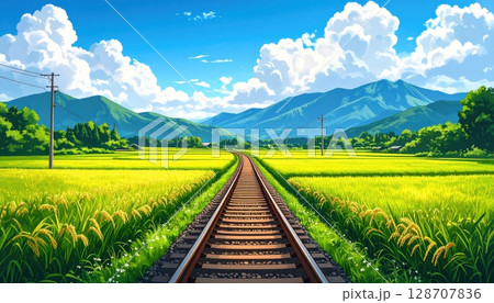 《AI画像》田舎に走る一本の真っ直ぐな線路 《AI画像》田舎に走る一本の真っ直ぐな線路 128707836