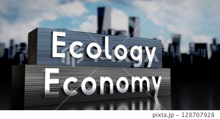Ecology, economy - metal blocks and skyscrapers - 3D illustration 128707928