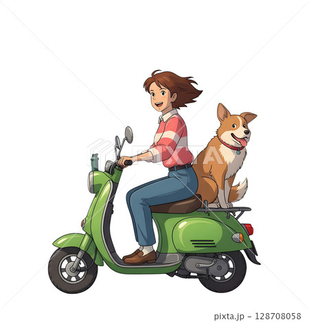 happy couple with dog on scooter 128708058