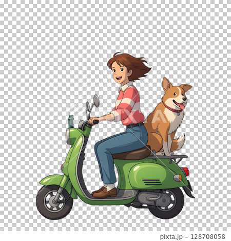 happy couple with dog on scooter 128708058