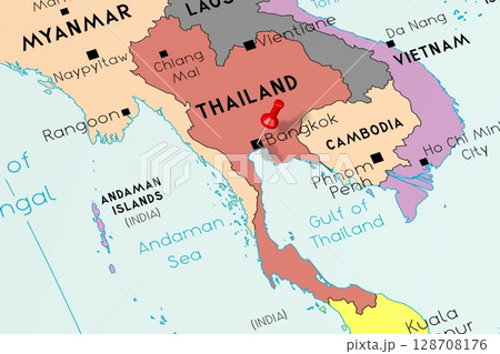 Thailand, Bangkok - capital city, pinned on political map 128708176