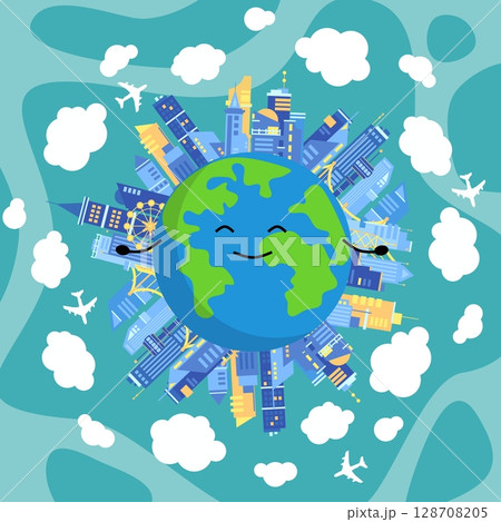 Tourism day poster with planet, buildings, planes, clouds 128708205