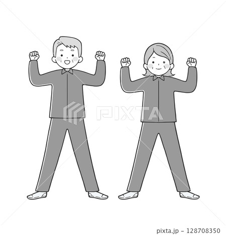 ガッツポーズするシニア夫婦 モノクロ 128708350