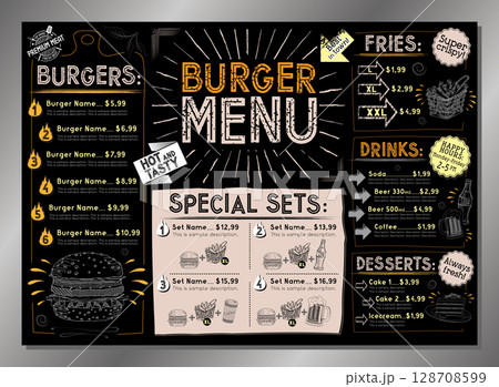 Vintage burger restaurant menu template - A4 or A3 table card (burgers, french fries, desserts, drinks, sets) 128708599
