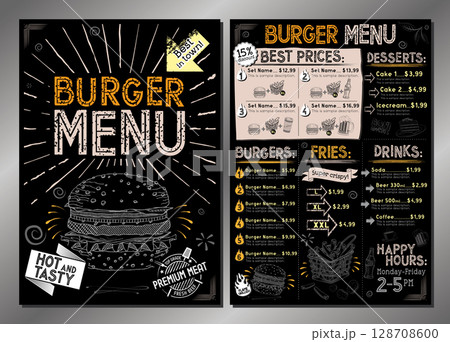 Vintage burger restaurant menu template - single A4 card (burgers, french fries, desserts, drinks, sets) 128708600