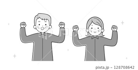 ガッツポーズするシニア夫婦(上半身) モノクロ 128708642